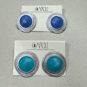 Carole Blue & Teal Silver Tone Plastic Earrings Costume Jewelry Pierced Set of 2